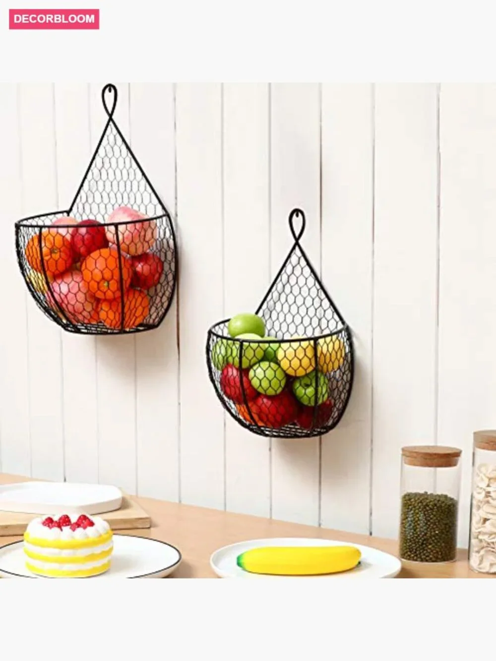 Set of 2 Black Wire Wall Mounted Storage Baskets for Kitchen Fruits Veggies